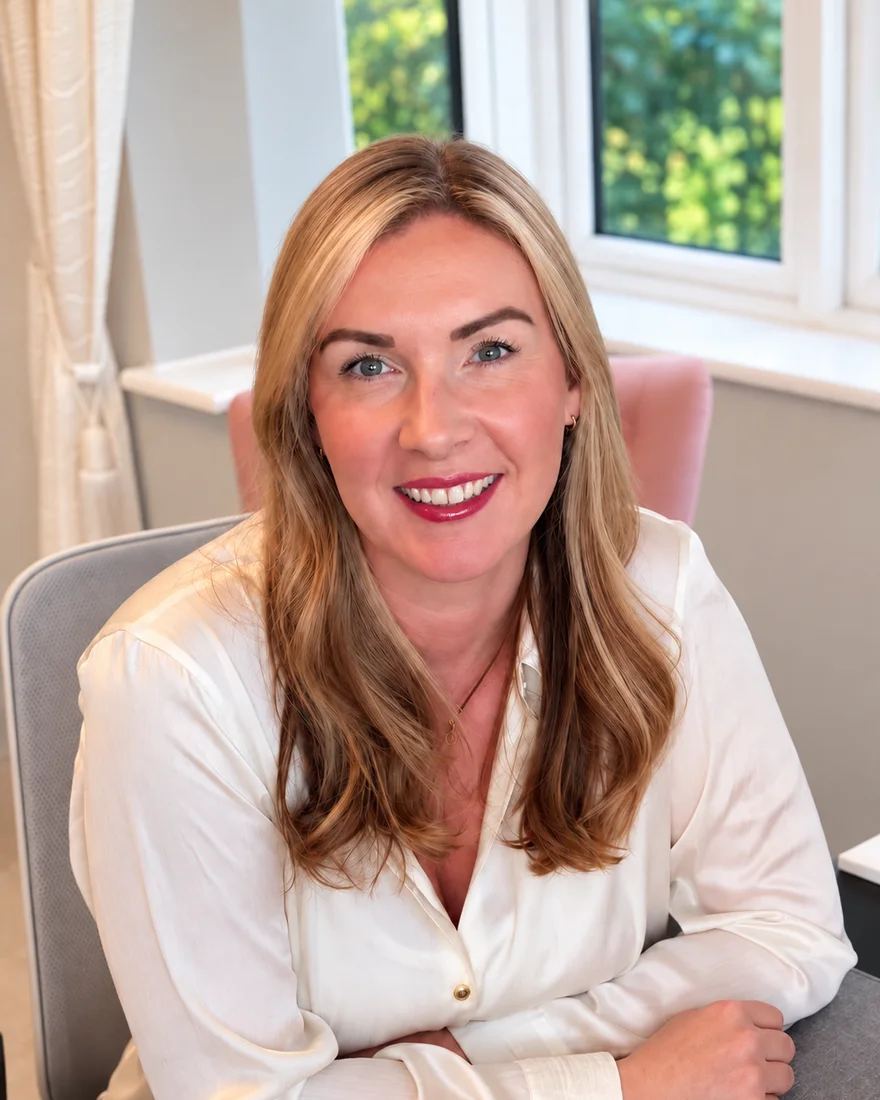 Caroline Lambe, founder of Wild Owl, smiling at her desk